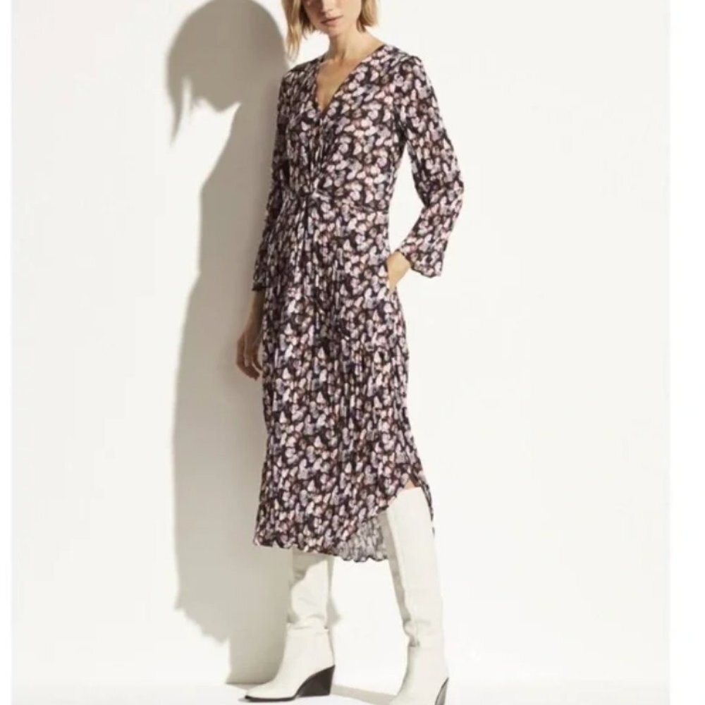Vince Esme V-Neck Long Sleeve Micro Painted Floral Twist Drape Midi Dress Size 6